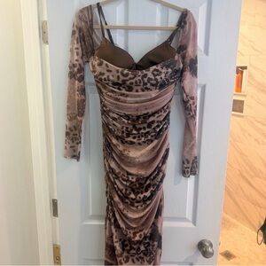 Fashion Nova Brown Animal Print Ruched Long Sleeve Dress